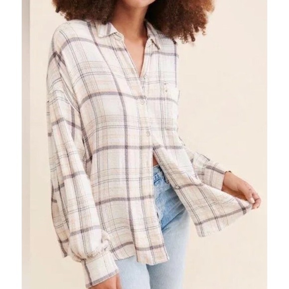 Free People We The Free Hidden Valley Button Up Shirt Beige Plaid Size L Women's - Picture 3 of 15